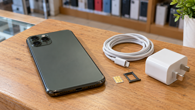 Editorial illustration of an iPhone 11 Pro Max with a nano-SIM and Lightning cable