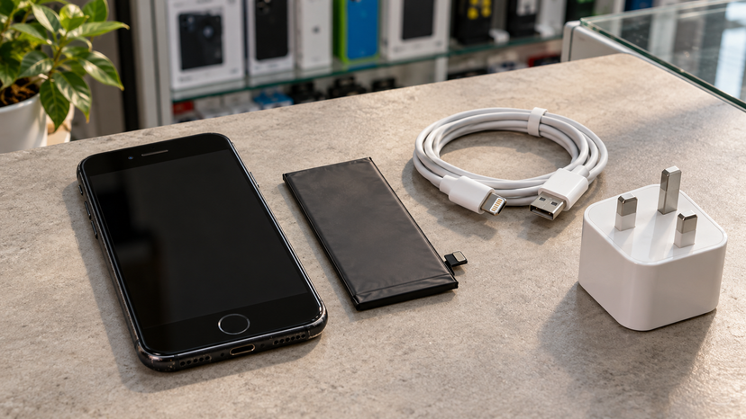Conceptual illustration of battery condition and charging accessories on a neutral work surface