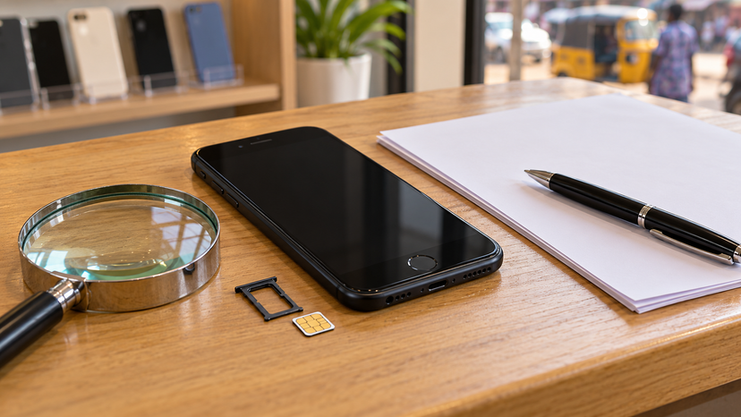 Conceptual illustration of a nano-SIM, inspection magnifier and plain purchase documents