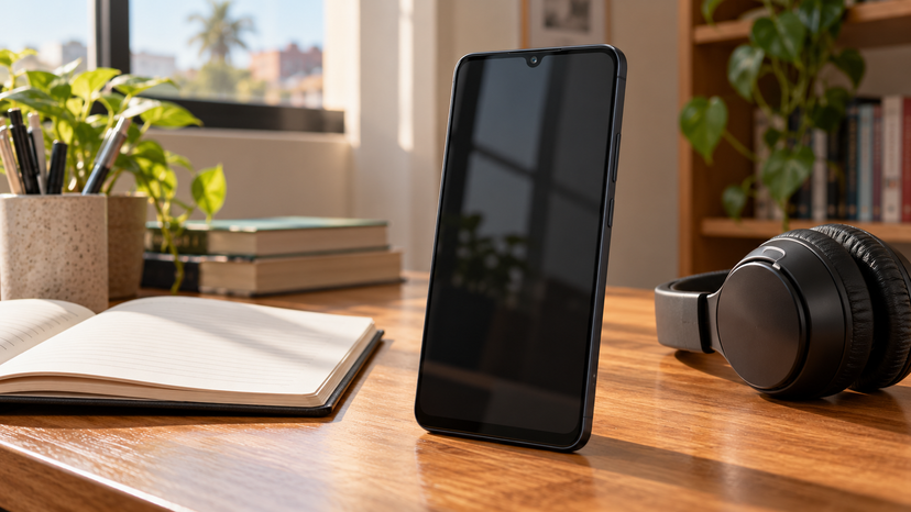 Editorial illustration of a reference-matched Galaxy A16 LTE on a study desk with a notebook and headphones