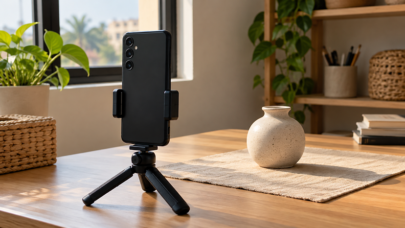Conceptual illustration of a small product photography setup with daylight, a steady phone support and a plain object