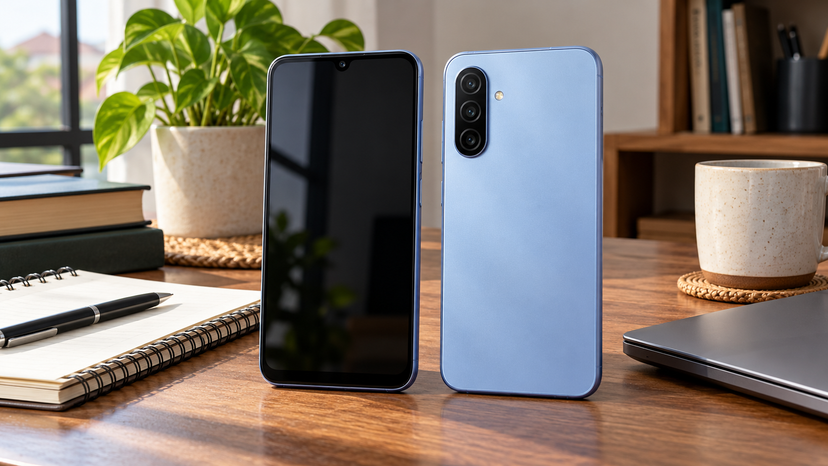 Editorial illustration of Galaxy A17 LTE front and rear views beside everyday study and work items