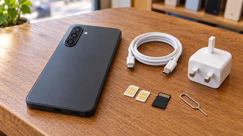 Conceptual illustration of SIM cards, a memory card and charging accessories beside the Galaxy A17 LTE