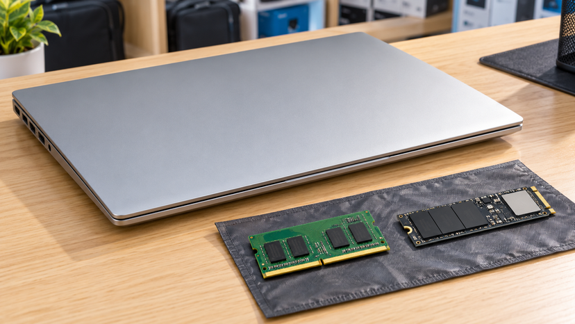 Conceptual illustration of laptop memory and SSD components beside a closed silver laptop
