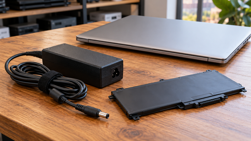 Conceptual illustration of a laptop charger, cable and battery arranged for visual inspection