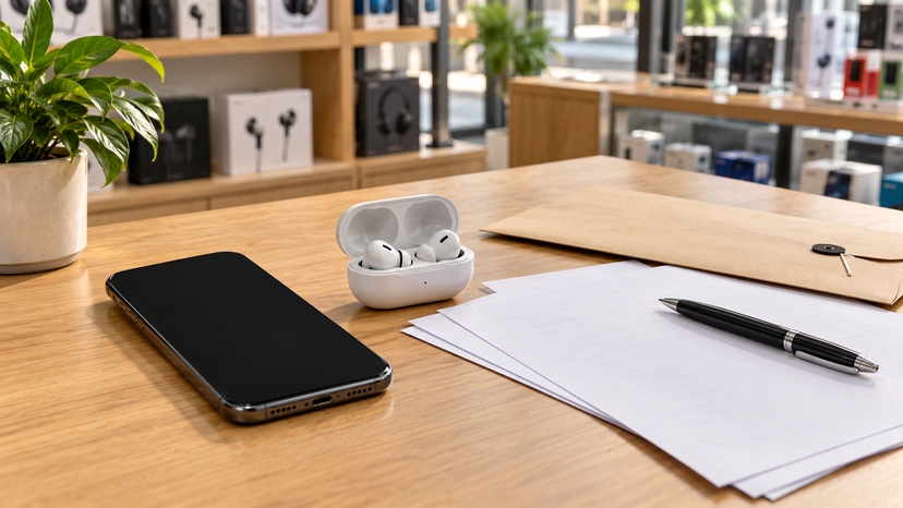 Editorial still life of a blank-screen smartphone, generic earbud case and purchase documents