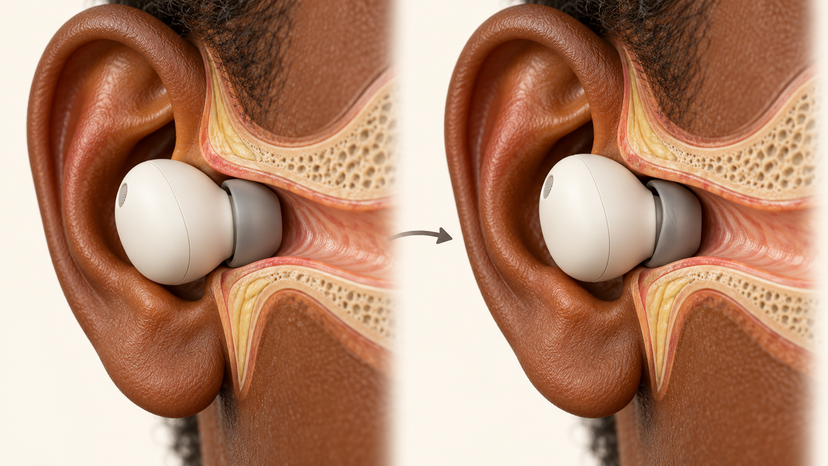 Conceptual cutaway illustration showing how an earbud seal can shift within an ear