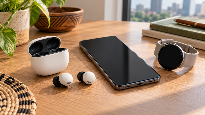 Conceptual illustration of earbuds beside a smartphone and wristwatch with blank displays