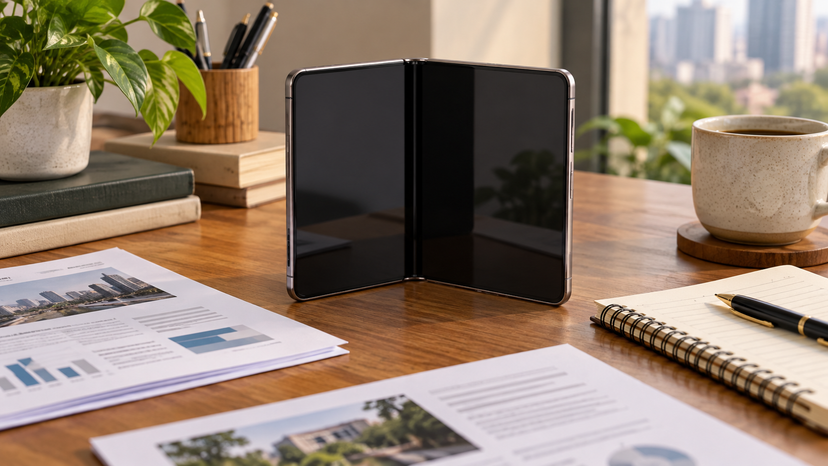 Editorial illustration of a folding phone beside printed documents and a notebook