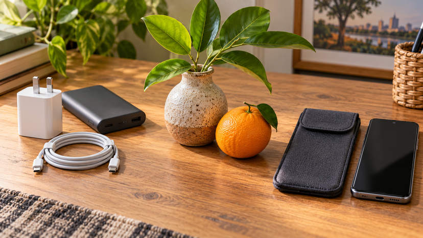 Editorial still-life illustration of charging equipment, a camera subject and a protective phone pouch