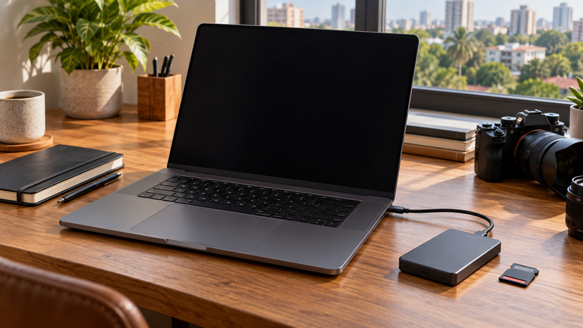 Reference-based illustration of a 16-inch MacBook Pro and separate project backup drive
