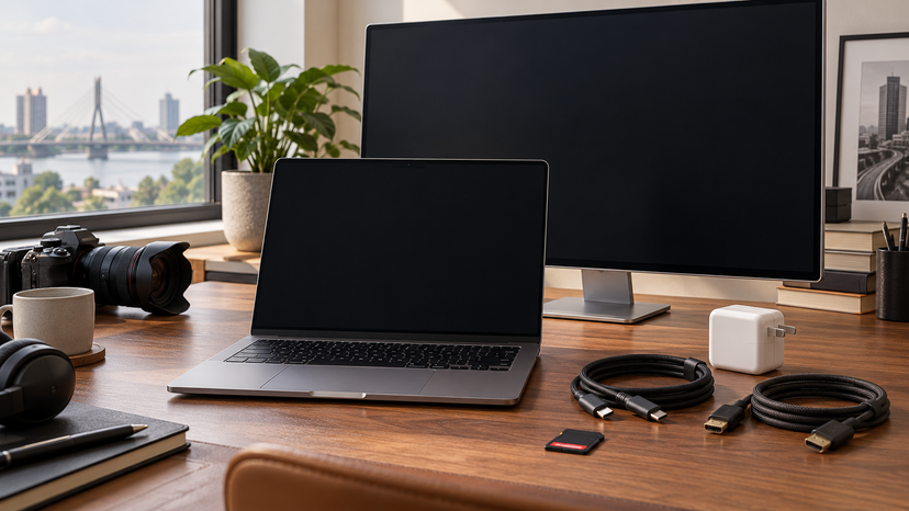 Reference-based illustration of a MacBook Pro beside display, SD card and charging accessories