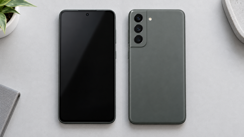 Illustration showing front and rear views of the Galaxy S21 FE for visual inspection