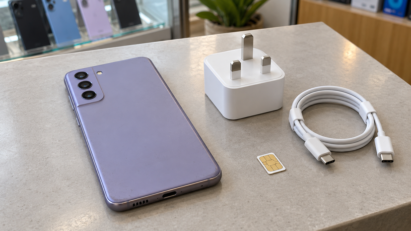 Illustration of a Galaxy S21 FE with a separate charger, cable and SIM card