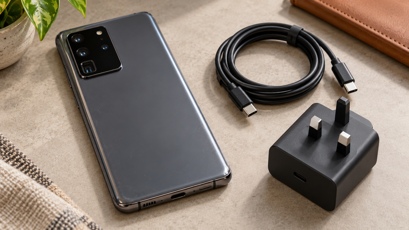 Illustration of a Galaxy S20 Ultra beside a USB-C cable and power adapter on a neutral tabletop