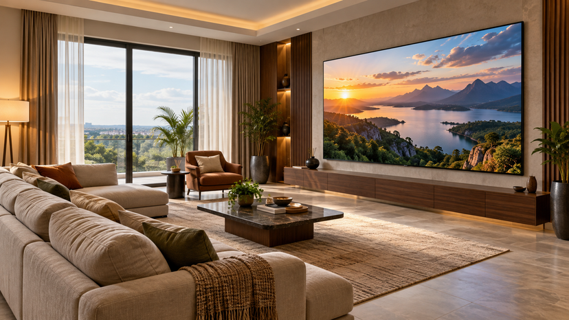 Conceptual illustration of a spacious viewing area with an ultra-large screen and seating positioned across the room