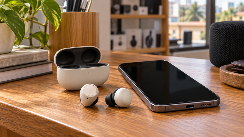 Conceptual illustration of earbuds and a phone arranged for a voice call