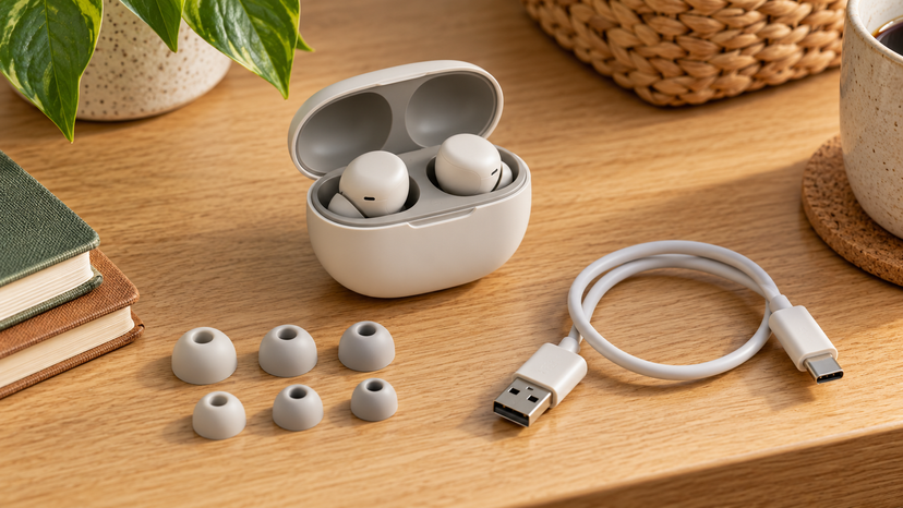Conceptual illustration of an open earbud case, spare silicone tips and a charging cable