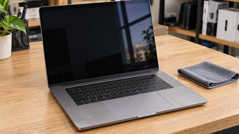 Illustration of an open 15-inch laptop with its keyboard, trackpad and screen visible for inspection