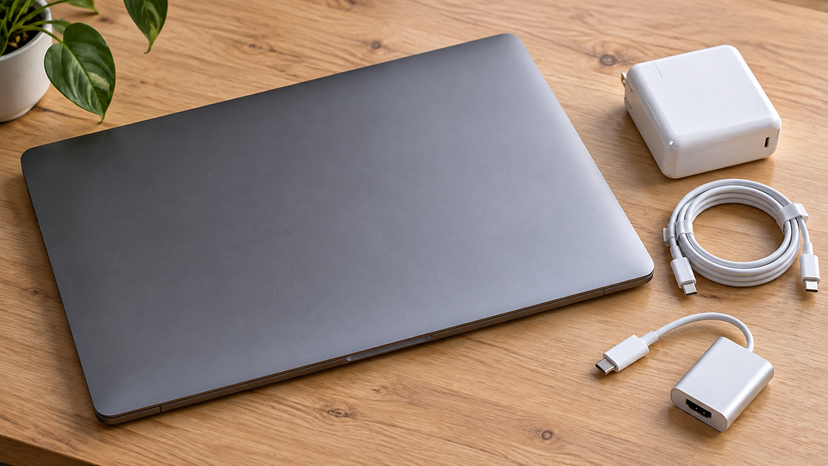 Illustration of a USB-C charger, cable and display adapter arranged beside a large laptop