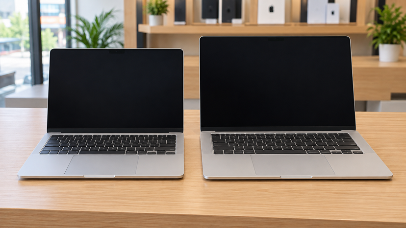 Illustration comparing the physical sizes of 13-inch and 15-inch MacBook Air laptops