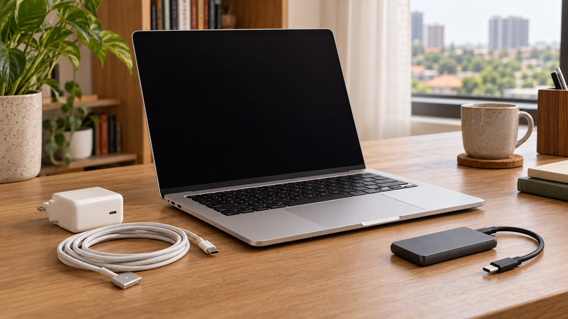 Illustration of a MacBook Air beside a charging cable and external storage device