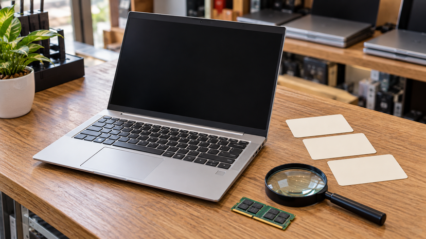Conceptual illustration of a magnifying glass beside a laptop and blank inspection cards