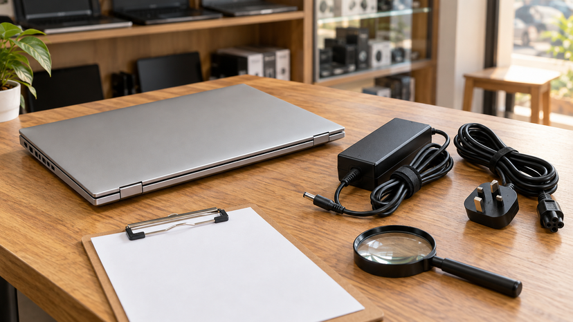 Conceptual illustration of battery condition and charger checks for a used laptop