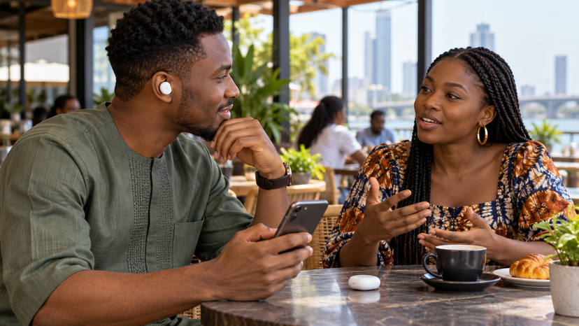 Conceptual illustration of two people conversing with an earbud wearer holding a phone