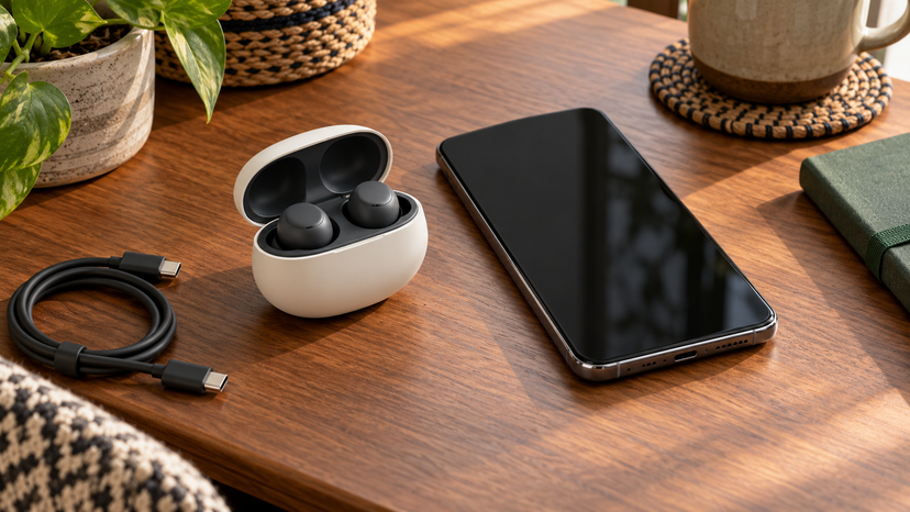 Editorial illustration of earbuds in a charging case beside a phone on a desk
