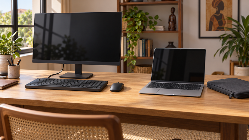 Conceptual illustration comparing a keyboard computer and separate monitor with a self-contained laptop