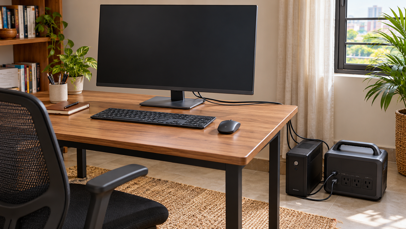 Conceptual illustration of a desk monitor and computer alongside separate backup power equipment