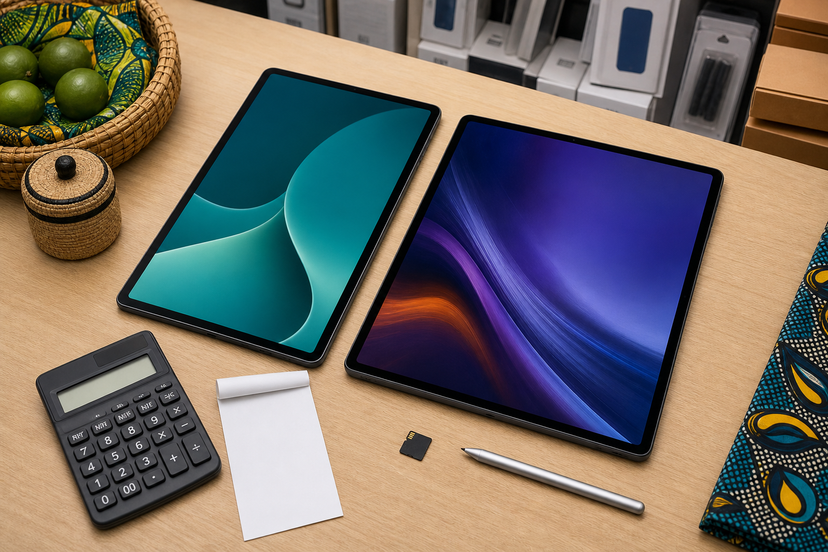 Two tablets with calculator, stylus and microSD card for price comparison