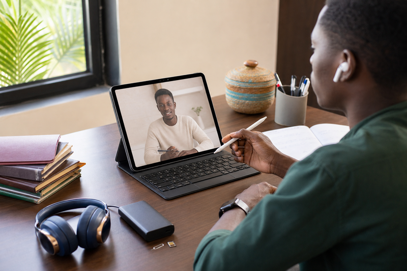 Tablet with keyboard and stylus used for study and video calls