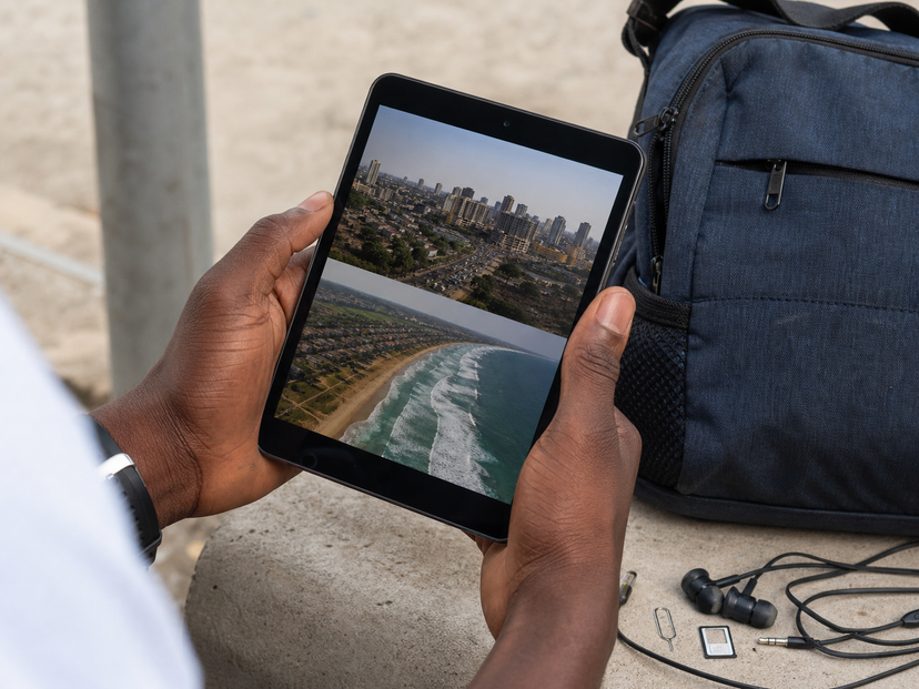 Compact 9.7-inch tablet used outdoors with SIM and wired earphones nearby