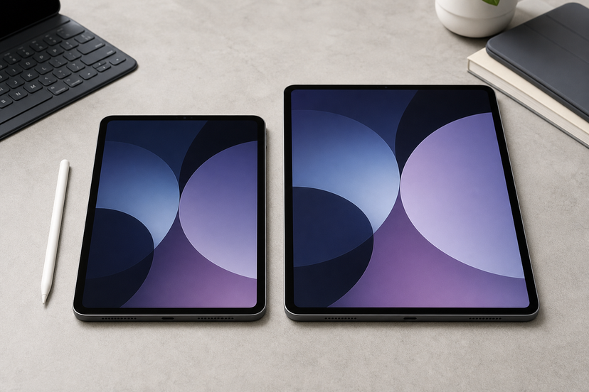 Two different sized Android tablets beside a stylus and keyboard accessory