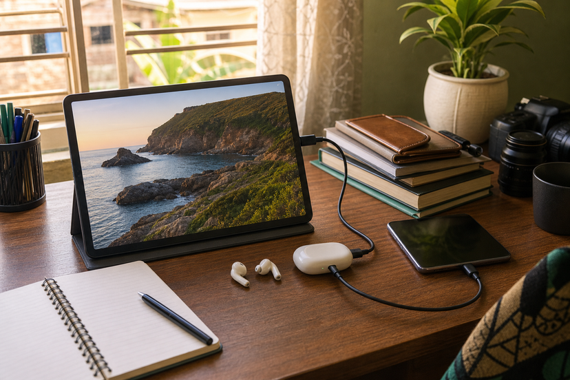Large tablet connected by USB-C near phone and earbuds on a desk