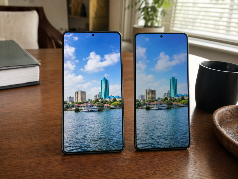 Two Pixel-style phones showing bright displays side by side