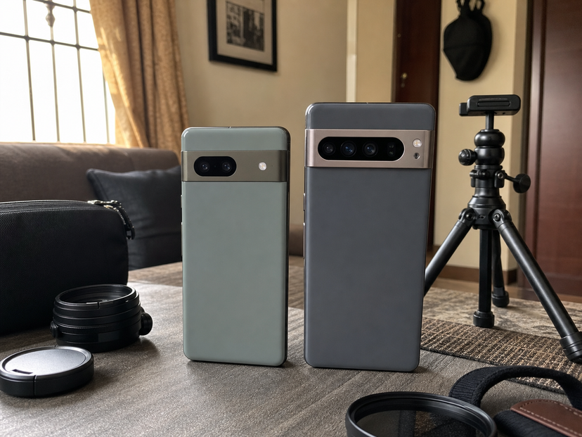Two Pixel-style phones beside camera accessories