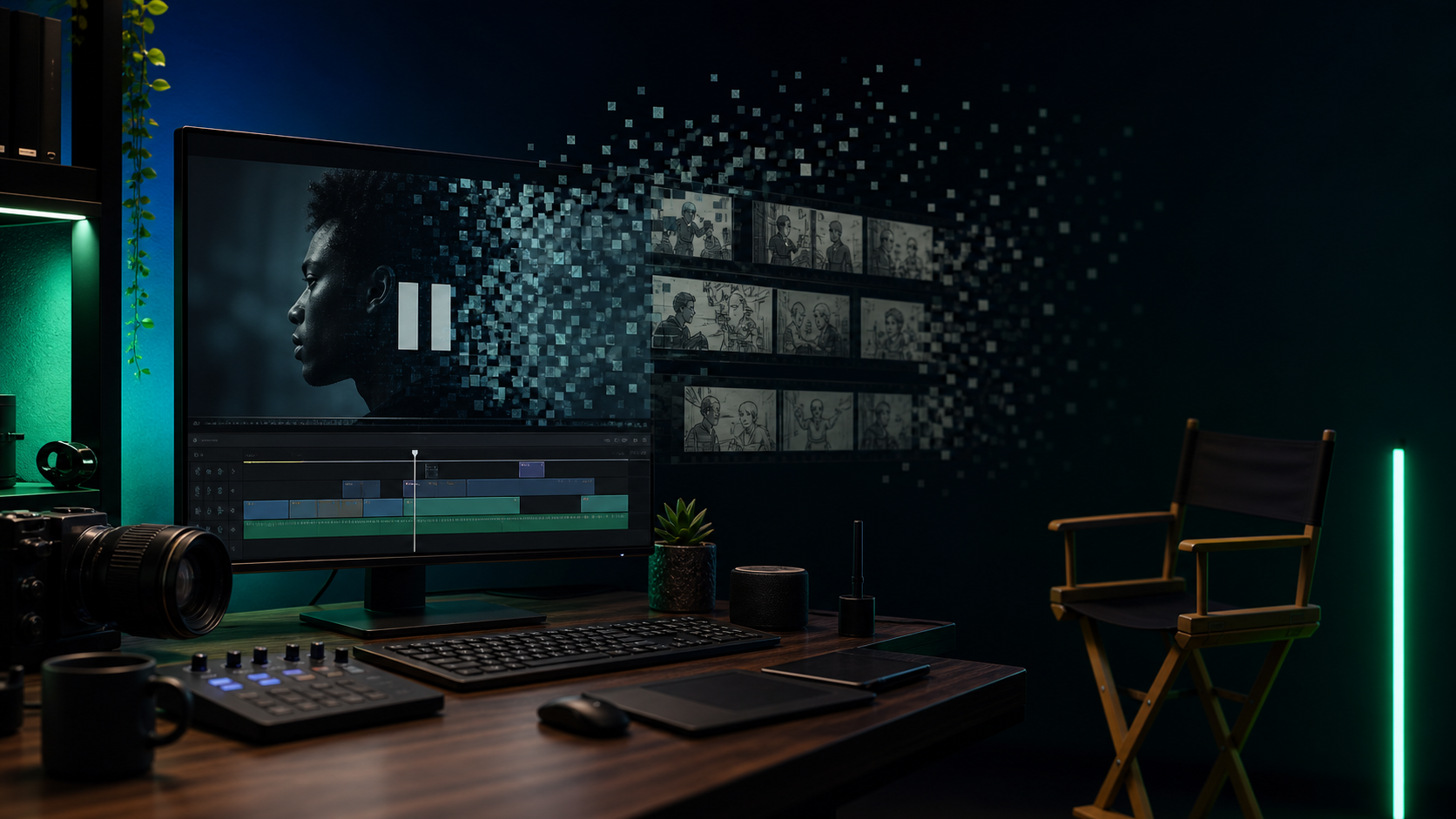 Editorial image showing an AI video editing timeline fading out on a creator workstation